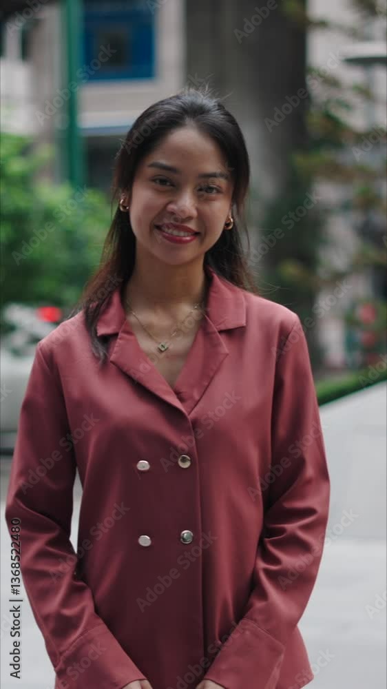 Young Asian businesswoman smiling in urban setting Young Asian businesswoman smiling in urban setting