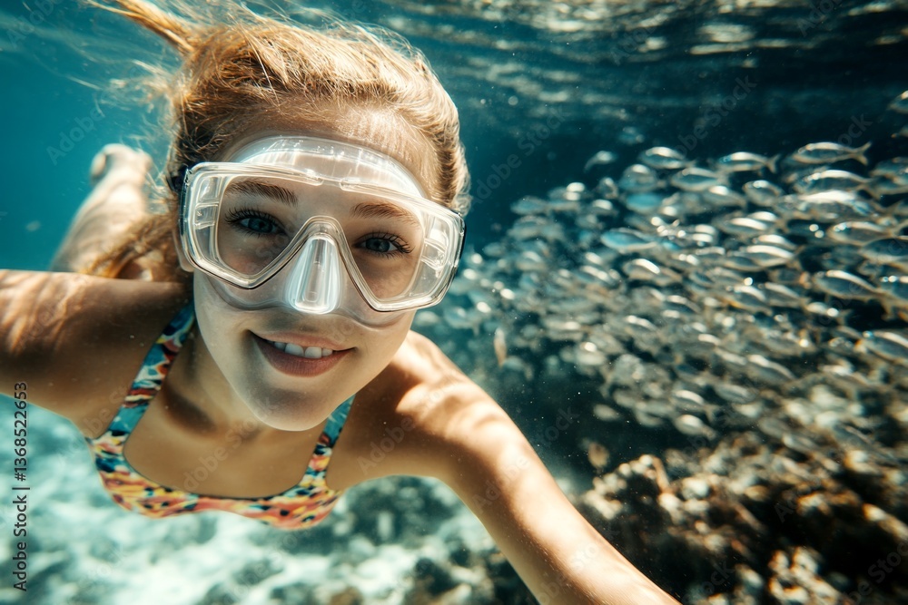 Fototapeta premium A gorgeous and sexy happy young woman with blond hair in a swimming mask and fins snorkeling among the corals. A dense school of silver fish swims next to her. Bright commercial style image.