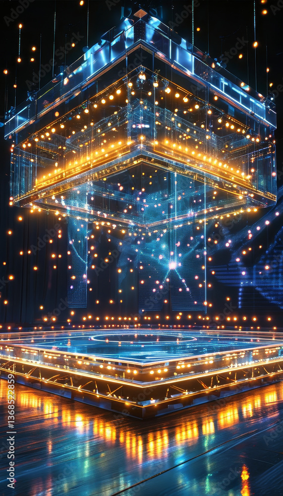 Fototapeta premium Navaratri product display background podium, Futuristic Garba Arena, glass podium, soft golden lighting, Garba dance floor, glowing light, rangoli pattern, digital fireworks, tradition, ad, podium