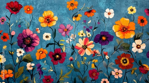 Colorful patterned fabric with floral design against blue background