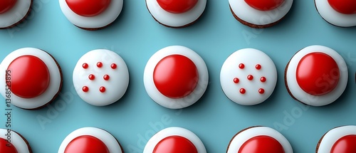 Red and white round sweets pattern on blue background.