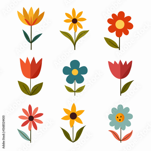 Flowers flat icons. Color vector illustration. Different flowers with green leaves vector illustration. Logo symbols for ui design and business promotion	