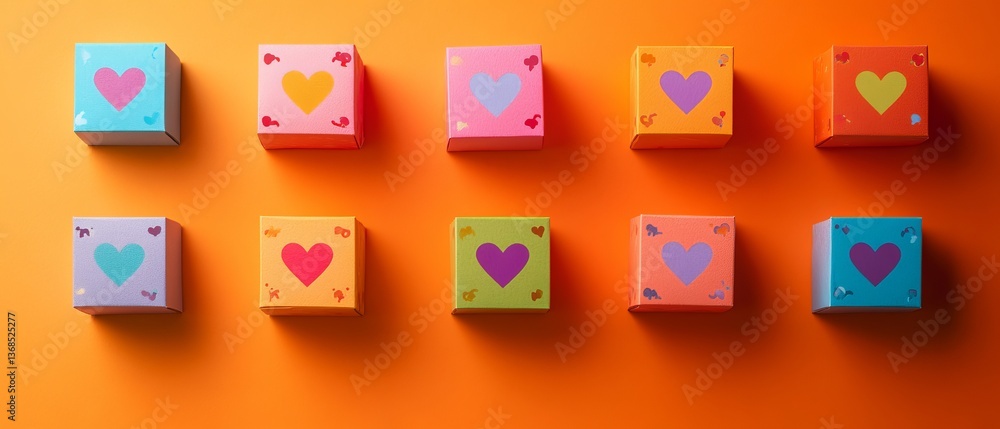 Colorful square gift boxes with heart-shaped patterns on a bright orange background Colorful square gift boxes with heart-shaped patterns on a bright orange background