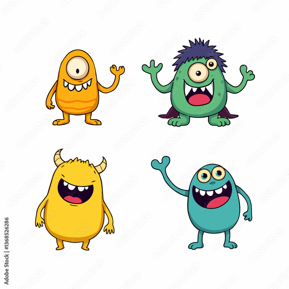 Fototapeta premium Monster set line. Colorful silhouette monsters. Happy Halloween. Cute kawaii cartoon funny boo character.
