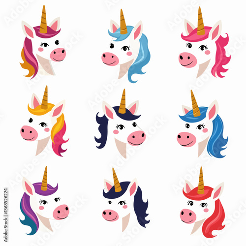 Set of Unicorn vector illustrations on white background	