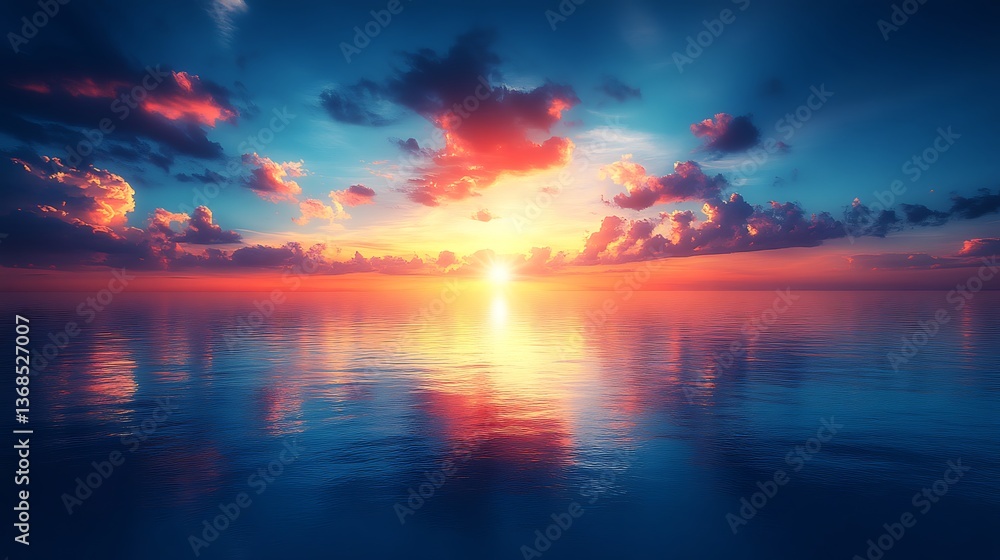 A beautiful sunset reflects its colors across a calm ocean A beautiful sunset reflects its colors across a calm ocean