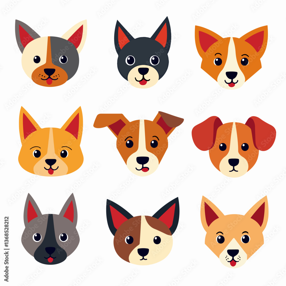 Fototapeta premium Dogs doodle vector set. Cartoon dog or puppy characters design collection with flat color in different poses. Set of funny pet animals isolated on white background 