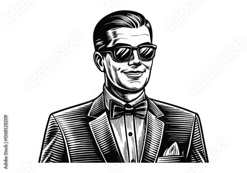 Vintage black and white portrait of a smiling gentleman in 1950s style with sunglasses, bow tie, and pinstripe suit

