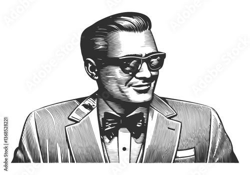 Vintage black and white portrait of a smiling gentleman in 1950s style with sunglasses, bow tie, and pinstripe suit

