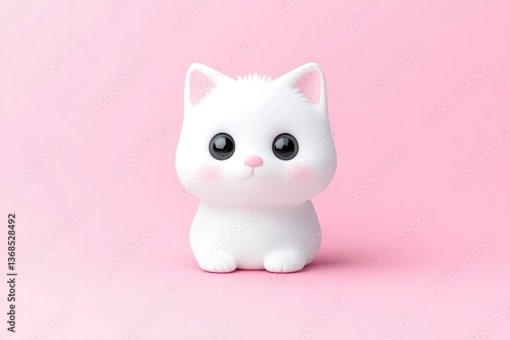 Cute white cartoon cat on pink background. A stylized, digitally rendered, adorable, chubby white kitty figure sits on a plain pink backdrop. The cat features large, round eyes, small nose, Cute white cartoon cat on pink background. A stylized, digitally rendered, adorable, chubby white kitty figure sits on a plain pink backdrop. The cat features large, round eyes, small nose,