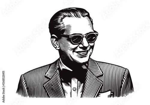 Vintage black and white portrait of a smiling gentleman in 1950s style with sunglasses, bow tie, and pinstripe suit

