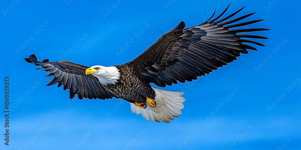 Obraz premium Majestic Bald Eagle Soaring Through a Clear Sky Background for Patriotic Symbolism, Freedom, or Skybound Majesty