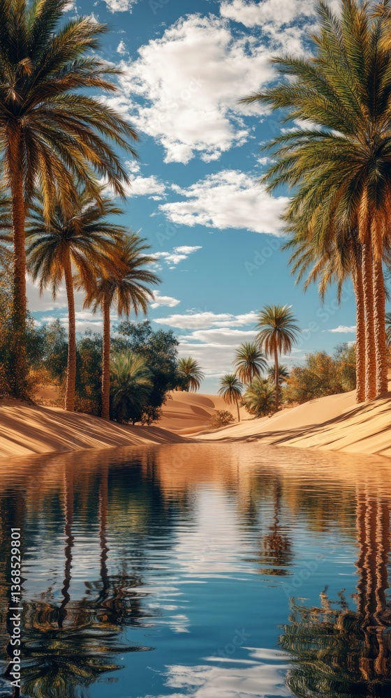 Obraz premium Desert oasis calm reflecting palm trees