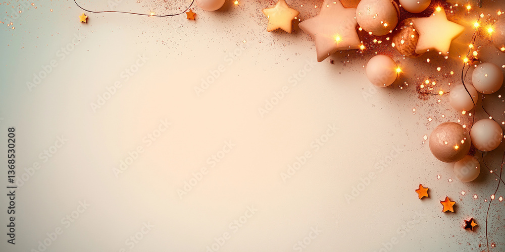 Fototapeta premium Festive composition with star ornaments, spheres, and string lights, perfect for seasonal promotions.