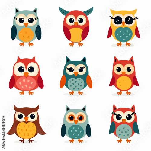 Cute owl character. Cartoon simple funny night bird with various emotions, comic childish owl mascot flat style. Vector birds isolated set