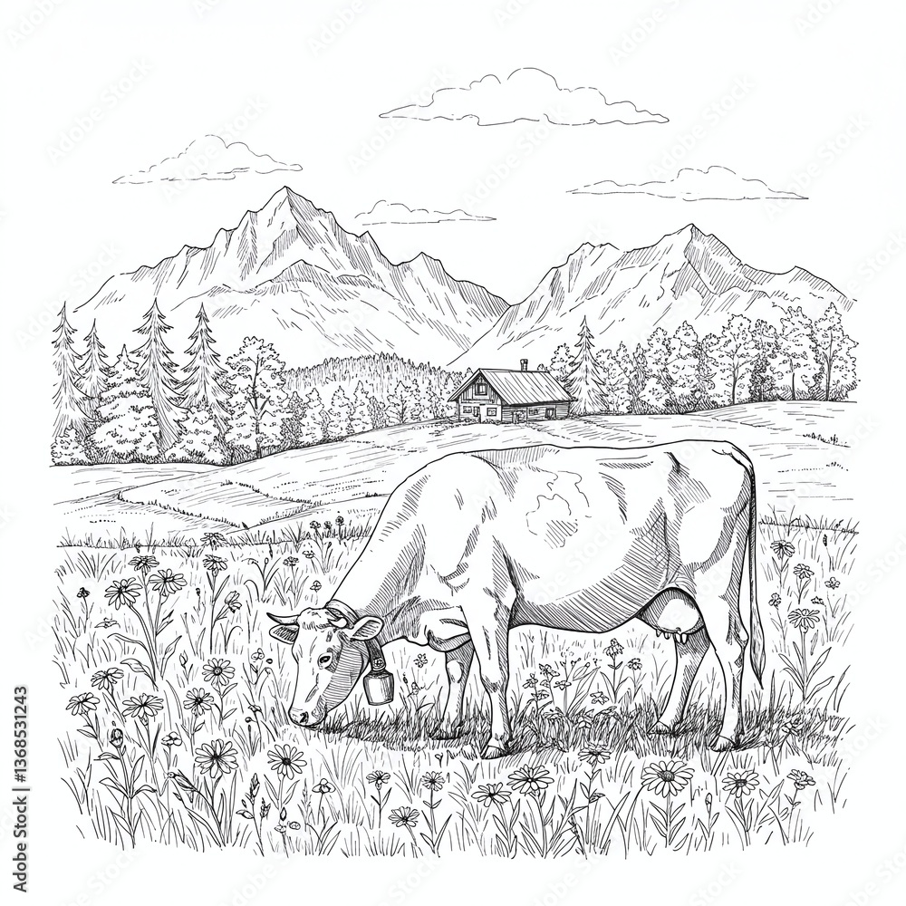 Fototapeta premium Rural Serenity: An artistic rendering presents a peaceful scene featuring a cow grazing in a field of wildflowers against a backdrop of majestic mountains and rustic houses, symbolizing tranquility.