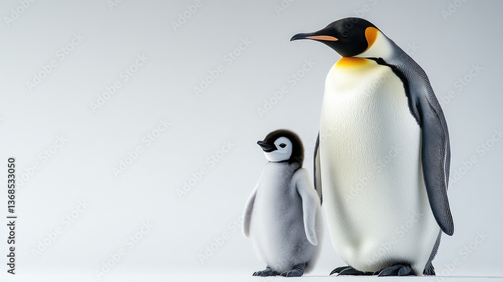 Fototapeta premium Emperor penguin and chick on snowy ground in antarctic habitat. Mother's Day, Mothering Sunday, Dia de la Madre - Global Maternal Celebration, Worldwide Family Holiday
