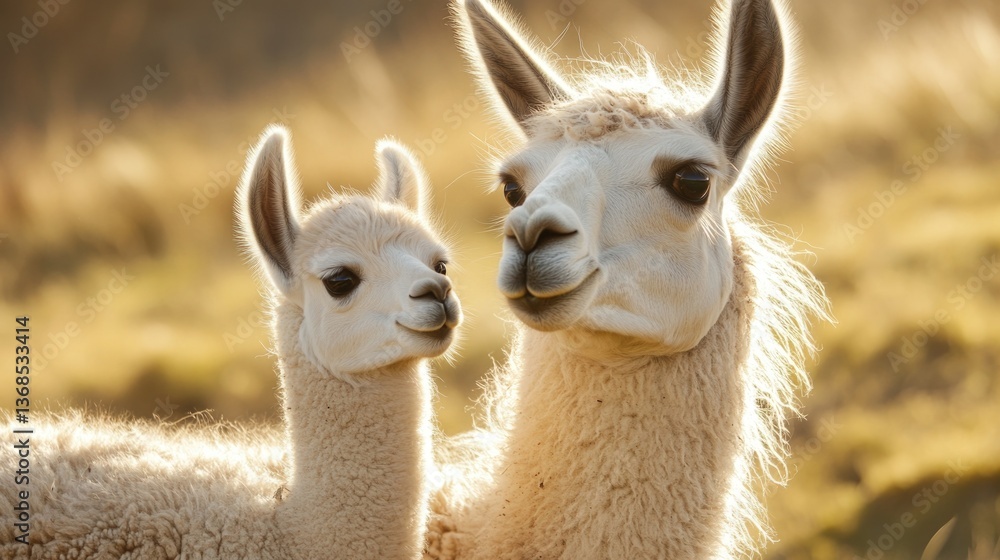 Obraz premium Adorable llama pair in golden sunlight. Mother's Day, Mothering Sunday, Dia de la Madre - Global Maternal Celebration, Worldwide Family Holiday