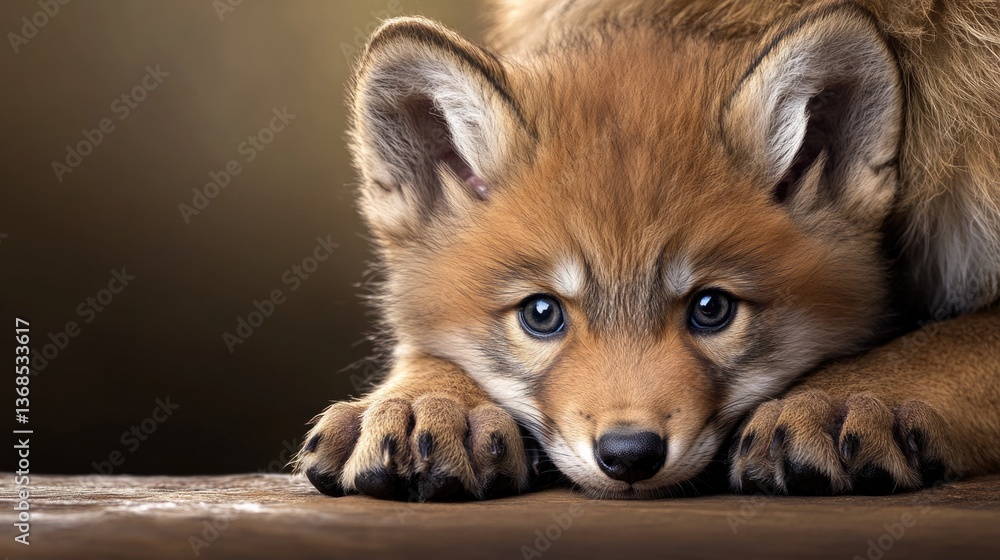 Obraz premium Adorable fennec fox cub resting on wooden surface