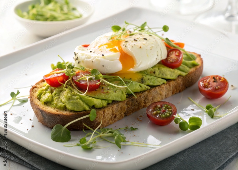 Delicious Avocado Toast with Poached Egg and Microgreens Delicious Avocado Toast with Poached Egg and Microgreens
