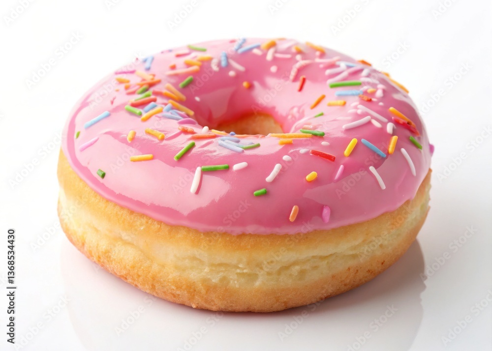 Delicious Pink Glazed Donut with Sprinkles on White Background Delicious Pink Glazed Donut with Sprinkles on White Background