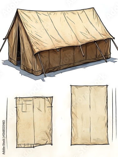 Canvas tent illustration with folded and unfolded views.