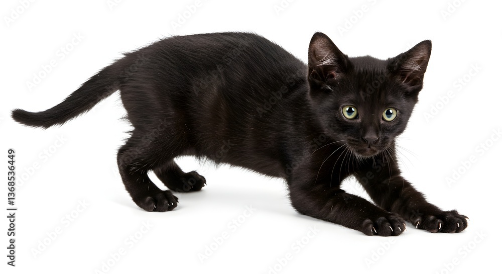A playful black kitten with green eyes stretches its paws on a white background ready for a leap or an ambush. A playful black kitten with green eyes stretches its paws on a white background ready for a leap or an ambush.