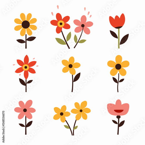 Flowers flat icons. Color vector illustration. Different flowers with green leaves vector illustration. Logo symbols for ui design and business promotion	