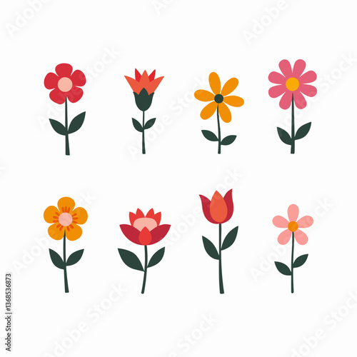 Flowers flat icons. Color vector illustration. Different flowers with green leaves vector illustration. Logo symbols for ui design and business promotion	