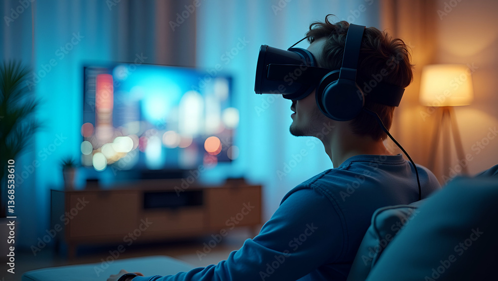 3D Flat Icon of a Person in a Modern Living Room with Gaming Console and VR Headset: Symbolizing Immersive Digital Entertainment in Contemporary American Living - Copy Space Available 3D Flat Icon of a Person in a Modern Living Room with Gaming Console and VR Headset: Symbolizing Immersive Digital Entertainment in Contemporary American Living - Copy Space Available
