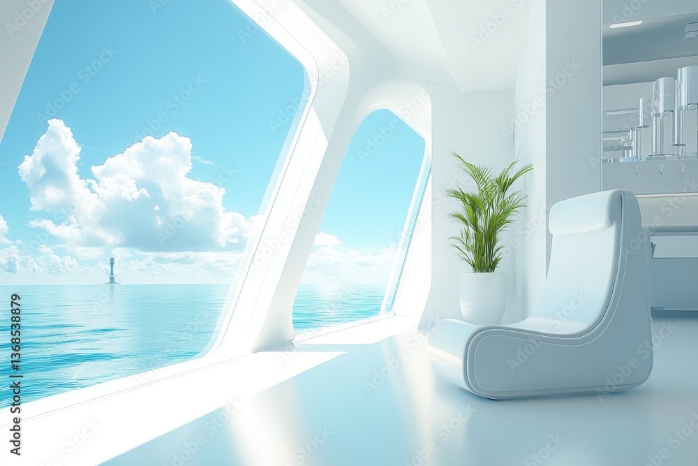 Fototapeta premium Modern Interior with Stunning Ocean View and Bright Natural Light