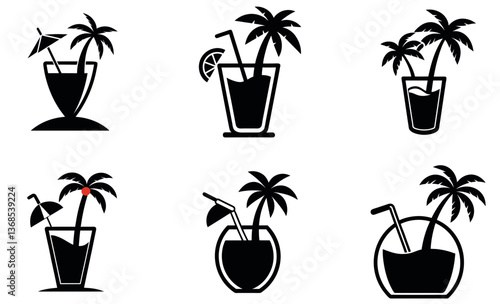 black and white silhouette icons depicting summer cocktails.