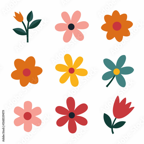 Flowers icon Set. Color vector illustration. Different flowers with green leaves vector illustration. Logo symbols for ui design and business promotion	
