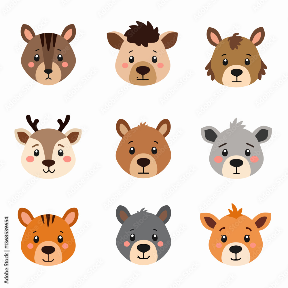 Fototapeta premium Cute wild animals cartoon sitting vector illustration. Baby shower woodland animals illustration. 