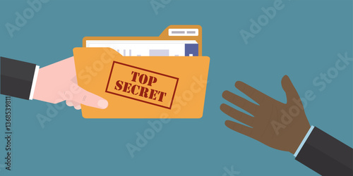 Businessman giving document file to spy, industrial espionage. Corruption, bribery. Human hand give yellow folder with data. Database, paperwork.