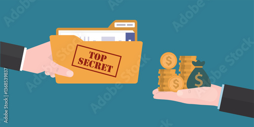 Top secret concept. Folder with classified documents, giving in hands. Deal, illegal transmission of information, bribe, message. Spy give money for secret data, corruption.
