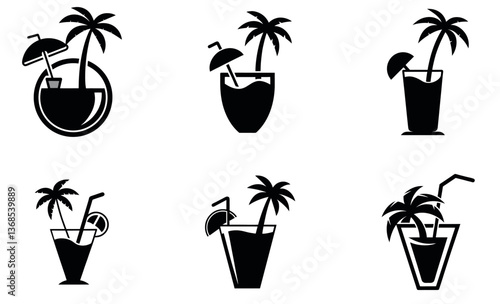 black and white silhouette icons depicting summer cocktails.