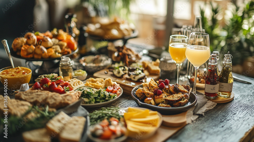 Fototapeta premium A table laden with various foods including fruits cheeses and pastries with drinks in tall glasses