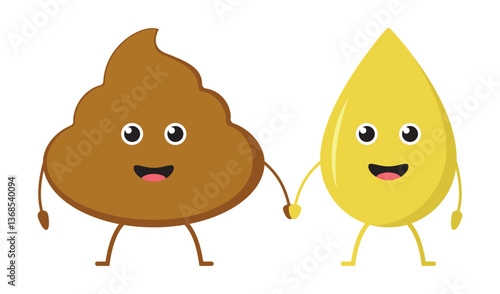 Cartoon style poop and urine drop. Feces and urine tests in cartoon style. EPS 10. Vector illustrations