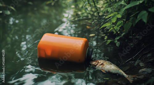 Dead fish in polluted pond water and discarded open orange plastic canister, lifeless animal who died from toxic product released in nature, intoxicated with poisonous pesticide or phytosanitary agent