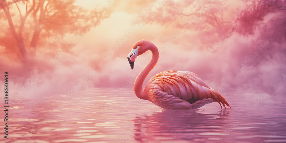 Fototapeta premium Flamingo Wading Through an Ocean of Pink Background for Surreal Art, Dreamlike Visions, or Fantasy Landscapes