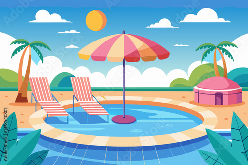 Beach with umbrella, chairs, and tropical scenery in a Swimming pool with summer vacation concept