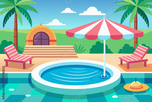 Beach with umbrella, chairs, and tropical scenery in a Swimming pool with summer vacation concept