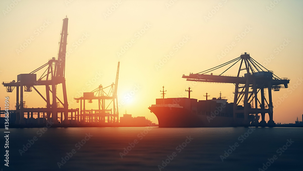 Double Exposure: Shipping Yard Silhouette & Cost Efficiency Chart Concept Double Exposure: Shipping Yard Silhouette & Cost Efficiency Chart Concept
