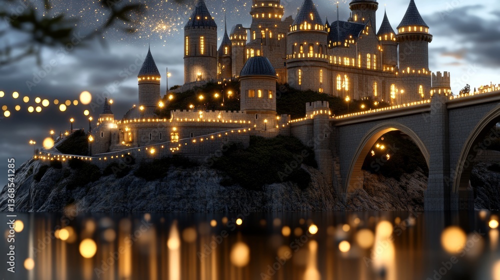 Fototapeta premium Fantasy castle illuminated at night with string lights reflecting in water creating a magical atmosphere