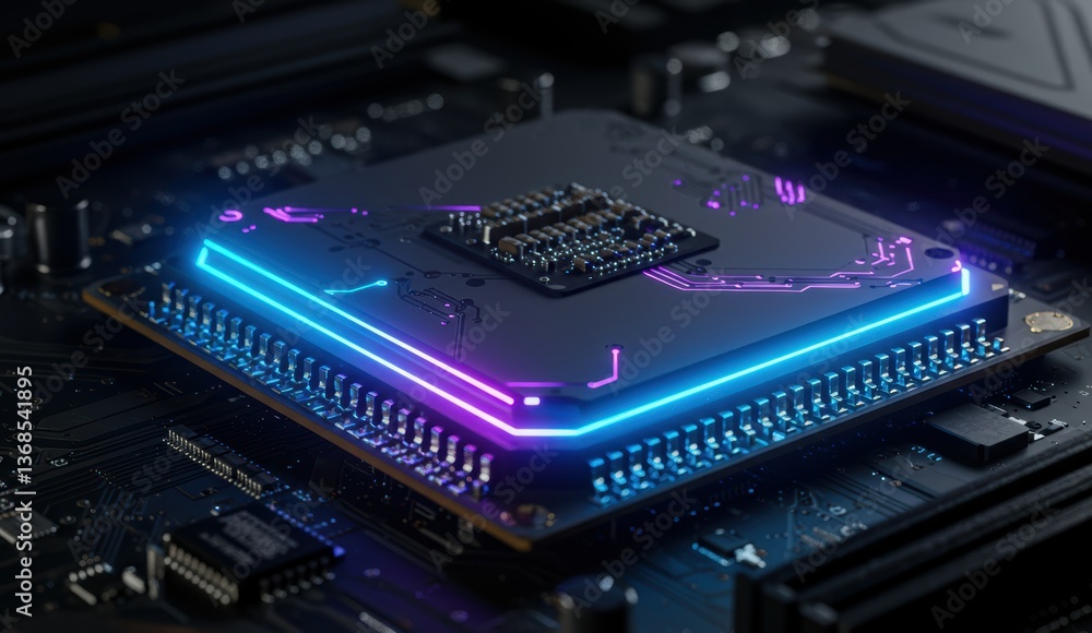 Computer chip with blue and purple lights on circuit board showcasing cutting-edge technology. Concepts: innovation, electronics. Computer chip with blue and purple lights on circuit board showcasing cutting-edge technology. Concepts: innovation, electronics.