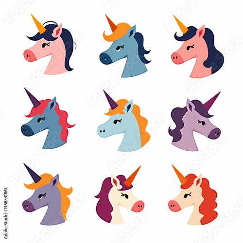 Set Unicorn cartoon animals, Cute cartoon miracle unicorns vector set, Set face unicorns