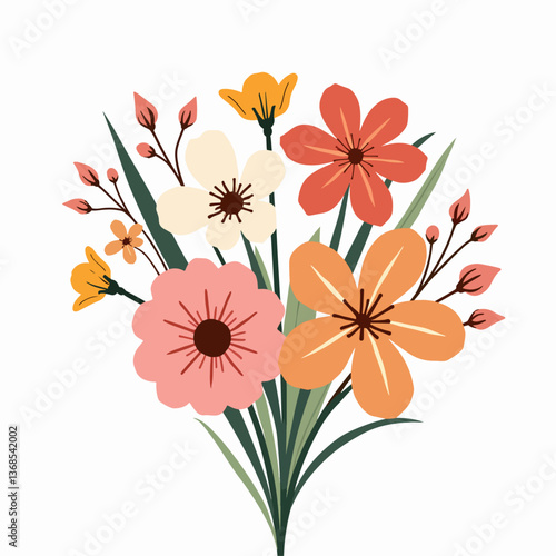 Vector flower collection in simple hand drawn cartoon style. Colorful cute spring flowers set isolated on white.