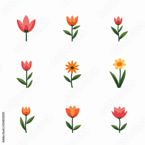 Vector flower collection in simple hand drawn cartoon style. Colorful cute spring flowers set isolated on white. Floral botanical illustration, natural blossom, blooming.