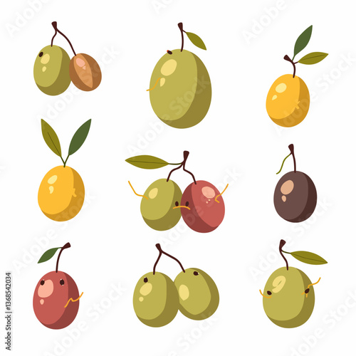 Green Olives with Leaves top view isolated on white background